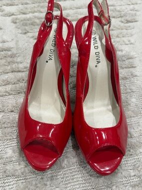 Wild Diva Red Patent Peep-Toe Slingback Heels